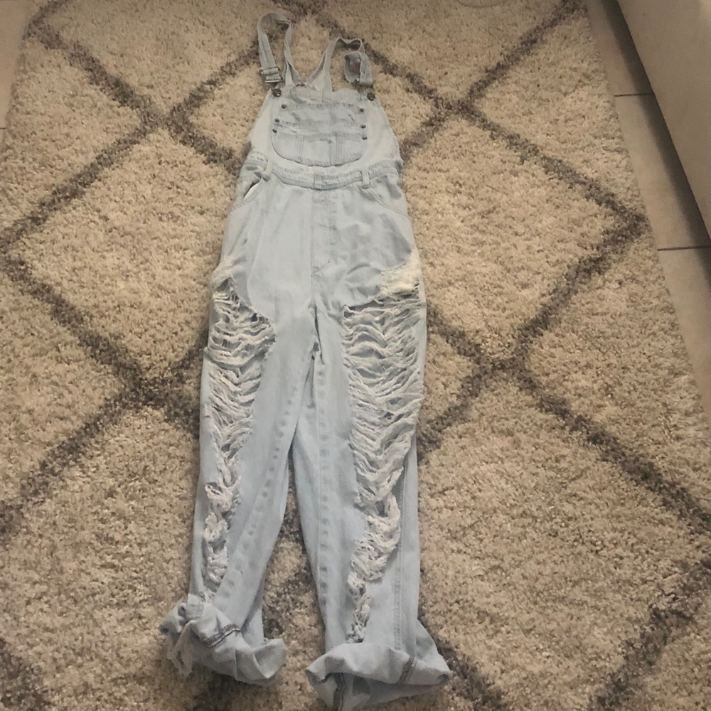LF Light Blue Distressed Denim Overalls Jumpsuit